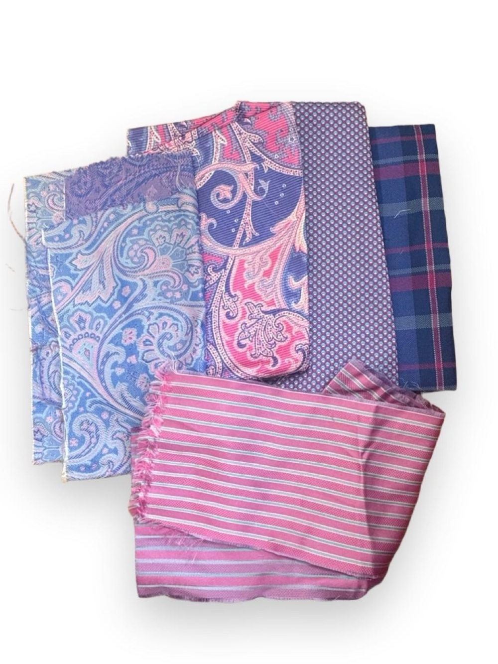 7 Pc 100% Italian Silk Fabric Remnant Lot Blue Pink Paisley Geometric Sewing
